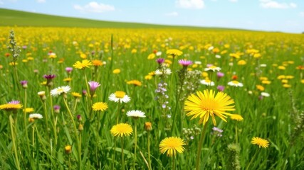 Obraz premium Beautiful field filled with blooming yellow dandelions under a clear blue sky, peaceful, spring, summer