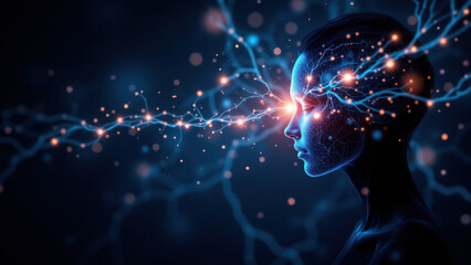 a human head with a visualization of neural activity emanating from the brain, symbolizing concepts related to neurology and cognitive processes. 