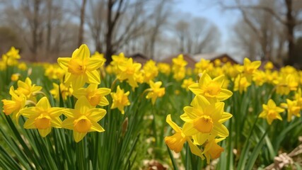 Obraz premium Field of bright yellow daffodil flowers blooming under the clear blue sky, vibrant colors, natural beauty