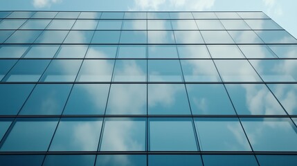 Modern glass building reflects clouds against a blue sky in an urban setting