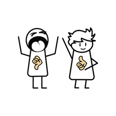 Cartoon illustration with cute characters and unique expressions with thumbs up and thumbs down icons. Design element of comic cartoon illustration with line style.