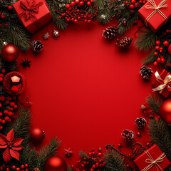 Red background with Christmas decorations and gifts on the edges, empty space in the center for text