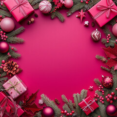 Pink background with Christmas decorations and gifts on the edges, empty space in the center for text