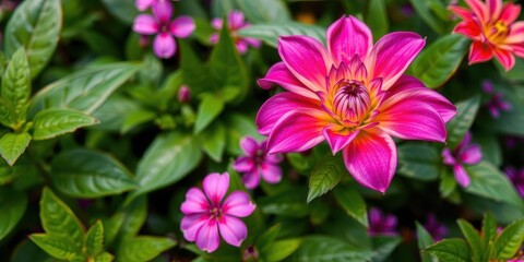 Vibrant purple flower petals and lush green leaves in a majestic display of nature's beauty, beauty, petals, vibrant_in_nature