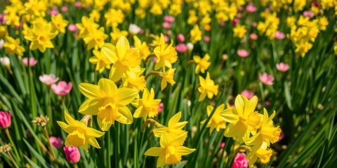 Fototapeta premium Vibrant yellow daffodil flowers blooming in a lush field under the bright sun, field, vibrant