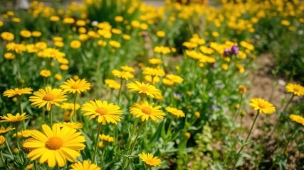 Obraz premium Vibrant yellow daffodil flowers blooming in a vast field under the clear blue sky, meadow, beauty