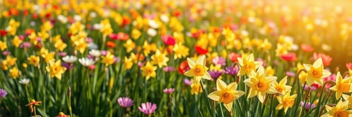 Obraz premium Vibrant yellow daffodil flowers swaying in a picturesque field under the clear blue sky, landscape, meadow