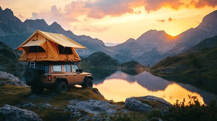 Camping adventures in wild mountains with off-road vehicle and rooftop tent at sunset