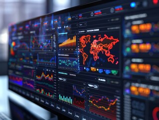 Fototapeta premium Data visualization dashboard displaying global statistics and trends.