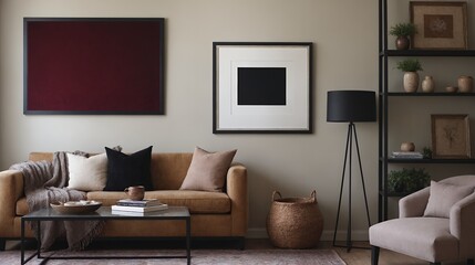 A modern living room with a sofa against a soft colour wall featuring vertical poster frames in wooden frame borders 3d illustration template.