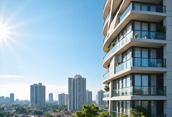 Fototapeta premium Fragment of Modern residential apartment with flat buildings exterior. Detail of New luxury house and home complex. Part of City Real estate property and condo architecture. Copy space. Blue sky