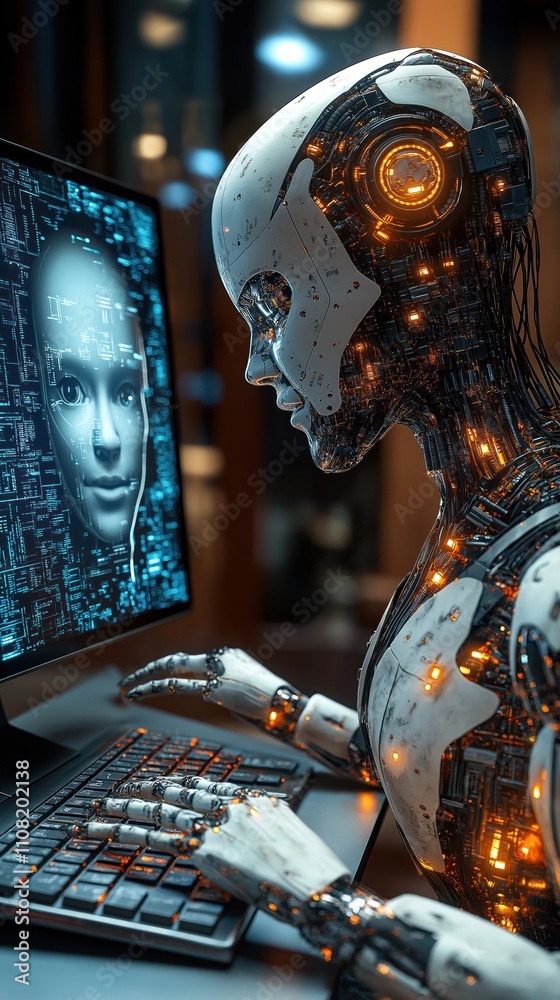 Aufkleber Robotic arm connected to computer typing on keyboard. Computer screen shows humanoid face, complex circuit board. Futuristic scene. Cyberpunk art style. Advanced tech concept. Artificial