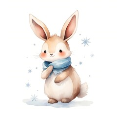Obraz premium Adorable bunny wearing a blue scarf, surrounded by falling snowflakes, isolated on a white background, symbolizing winter warmth and charm
