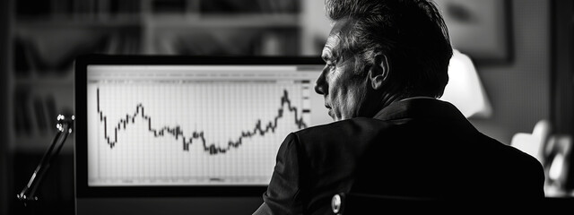 Businessman observes declining financial chart with concern in a minimalistic workspace