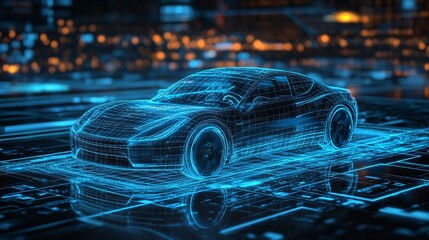 Hologram of a sports car being designed on a futuristic computer interface