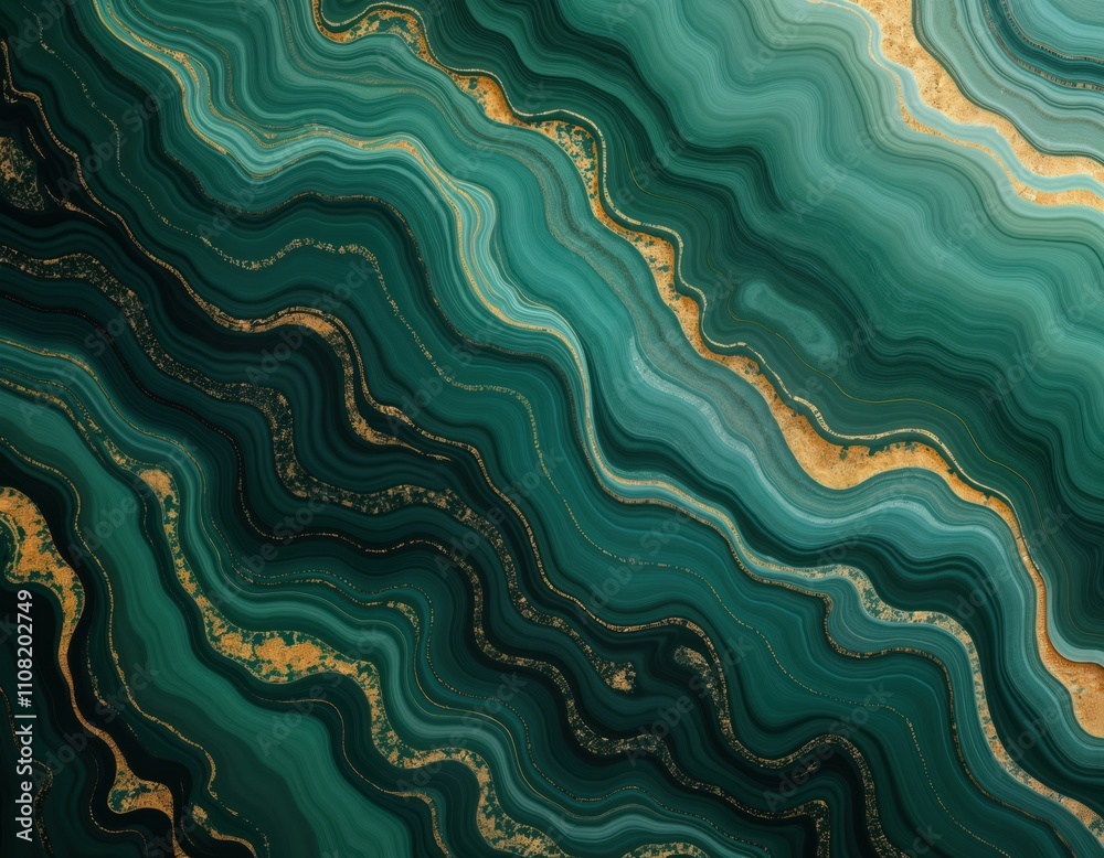 Poster emerald green liquid marble texture with gold accents. abstract swirls, waves create dynamic pattern
