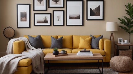 A modern living room with a yellow fabric sofa against a soft colour wall featuring vertical poster frames in wooden frame borders 3d illustration template.