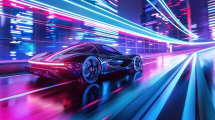 Fototapeta premium Futuristic black car speeding through neon-lit city streets at night, showcasing vibrant lights and reflections. Dynamic transportation and technology concept.