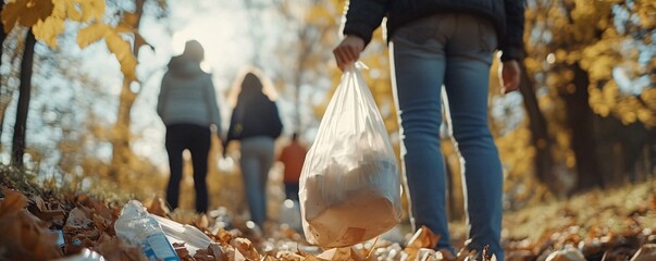 Volunteers collecting trash in forest, environmental conservation, autumn cleaning