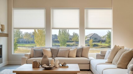 Fototapeta premium Modern living room features large windows with energy-efficient cellular shades. Stylish furniture in neutral tones create calm atmosphere. View of suburban landscape outside windows. Coffee table