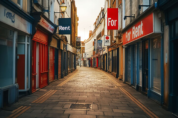 Fototapeta premium Empty street with closed shops and for rent signs reflecting economic challenges