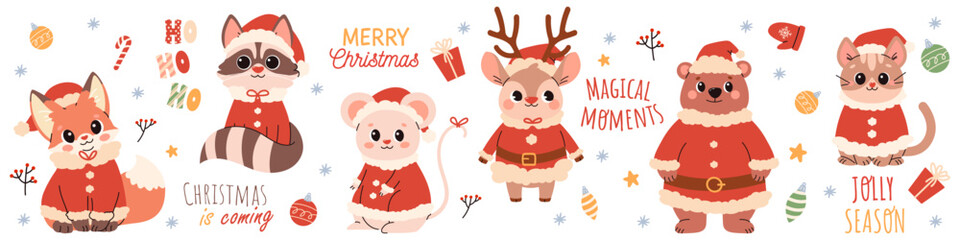 Set of cute illustrations with Christmas theme. Collection of animals in Santa Claus costume in children's style, raccoon mouse hare fox deer bear on white background with christmas lettering. Vector