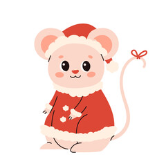 Fototapeta premium Cute vector illustration with Christmas animals. Mouse in Santa Claus costume in children's style. Vector flat illustration isolated on white background, simple 