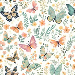 Enchanting scene featuring butterflies fluttering over vibrant flowers, creating joyful, lively atmosphere, for seasonal promotions, nature-inspired decor, decorations, greeting card, digital design.