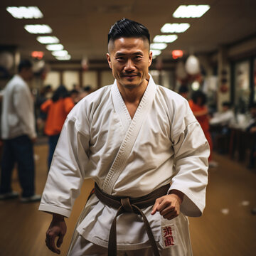 Athlete doing karate. in kimano 