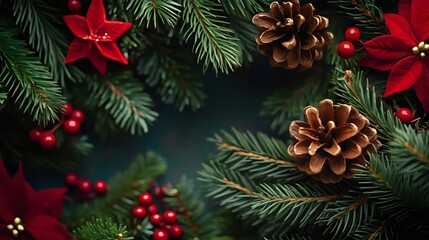Christmas Holly, Fir Branches, Poinsettia and Pine Cones, Green Background, Ad Space