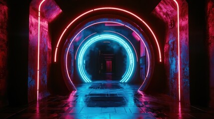 Sci-fi corridor with glowing neon beams and rays blue light illuminating a circular archway