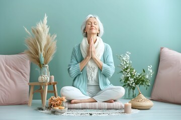Woman over 50 years old with silver hair sits cross-legged on a mat. She closes her eyes, hands in prayer position, and enjoys a peaceful moment surrounded by decorative plants and soft cushions.