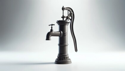 A traditional hand pump with vertical cast iron body on clean white background. A vintage-style vertical cast iron hand pump on a spotless white backdrop.