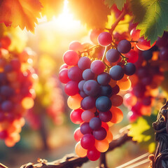 Red grapes hanging on vine in grape farm.

