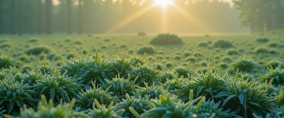 Frost-Covered Grassland at Sunrise with Golden Light in a Tranquil Landscape