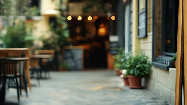 The sign of a restaurant is a blank blackboard near the entrance. The menu of a cafe is displayed on the street. A mockup of a whiteboard sign outside a restaurant is seen on the left. 4K Video