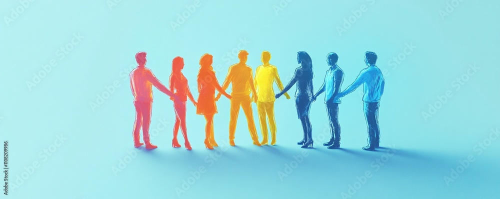 Poster Diverse businesspeople holding hands in unity and teamwork on blue background
