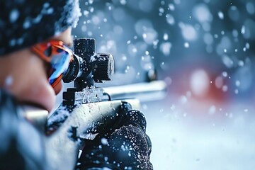 Professional biathlete wearing warm clothing and aiming with a rifle during a snowfall competition, showcasing focus and precision in winter sports