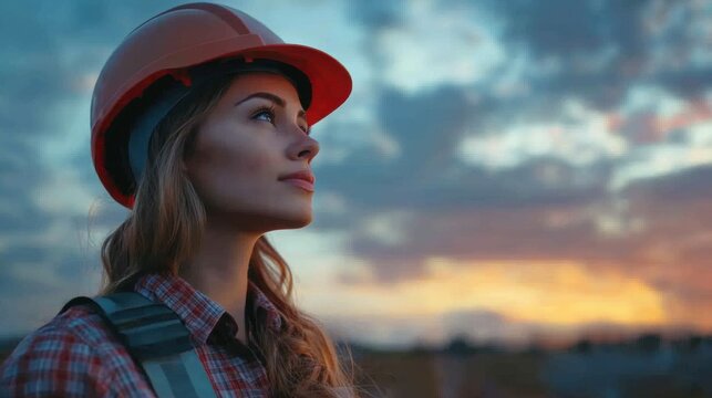 Frau mit bauhelm beim sonnenuntergang