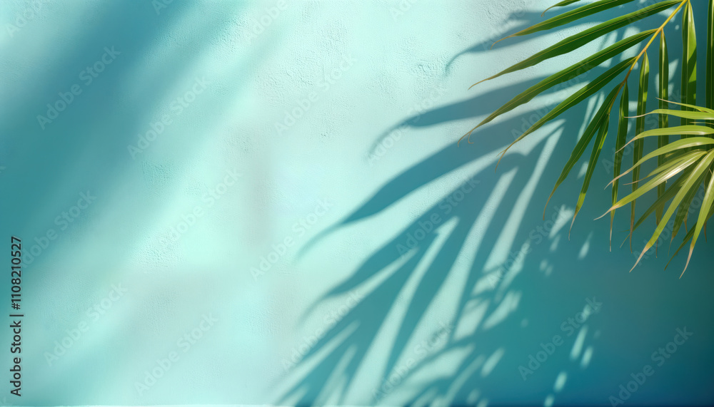 Poster palm tree shadow on light blue wall. minimalist summer tropical concept. empty space ideal for produ