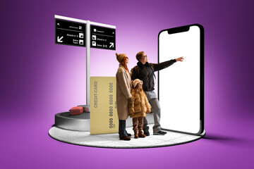 Family of three standing near 3D model of smartphone with blank screen. Planning travel, using mobile apps. Winter vacation trip. Concept of family, winter holiday, travelling