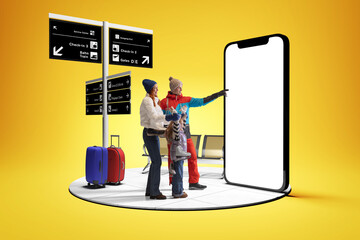 Family in winter clothes preparing for winter journey, pointing toward virtual gateway, 3D model of...