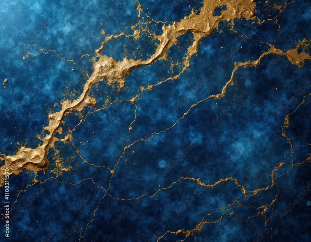 Poster abstract design background with blue, gold stone marble texture. liquid gold pattern flows over dark