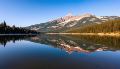 Obraz premium Serene mountain lake reflecting tranquil peaks.