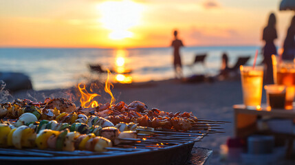 A beach barbecue party with seafood skewers, grilled chicken, and cold drinks, with the ocean and sunset in the background.