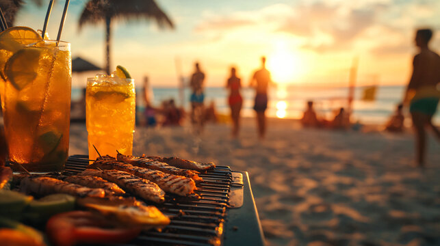 A beach barbecue with grilled fish and vegetables, tropical drinks, and friends playing beach volleyball and enjoying the sunset by the sea.A beach barbecue with grilled fish and vegetables, tropical
