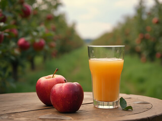 Fototapeta premium Glass of apple juice with apples on a table
