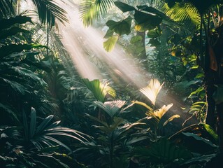 Lush tropical rainforest, sun rays piercing through dense foliage, magical atmosphere in a jungle setting
