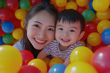 Obraz premium Mother and child playing in vibrant plastic ball pool, close-up of happy faces, joyful expressions, vivid colors, wide angle, dynamic energy, high-angle view 4