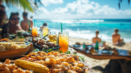 A beach barbecue with seafood, corn on the cob, and tropical drinks, guests enjoying the sun and the sound of waves crashing in the background.